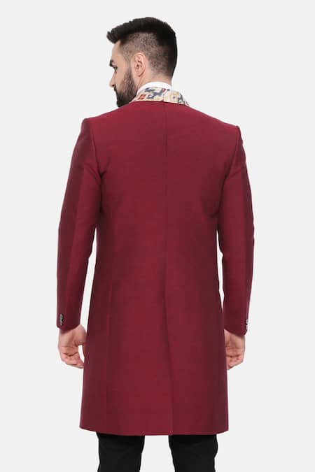 Shop_Mayank Modi - Men_Maroon Cotton, Muslin Embroidery Aztec Print Collar Trench Jacket _at_Aza_Fashions