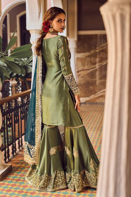 Shop Lashkaraa Green Satin Zari, Stones, Embroidery Boat Neck Kurta Gharara Set at Aza Fashions Shop_Lashkaraa_Green Satin Zari, Stones, Embroidery Boat Neck Kurta Gharara Set_at_Aza_Fashions