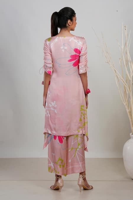 Shop_Garo_Pink Modal, Satin Tassels Round Neck Printed Kurta And Pant Set _at_Aza_Fashions