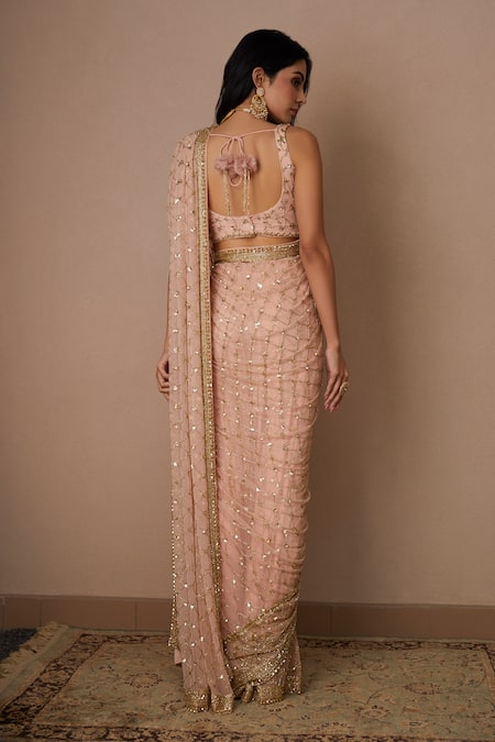 Shop Astha Narang Pink Net, Crepe Sequins, Cut Work, Embroidery Scoop Checkered Saree With Blouse at Aza Fashions Shop_Astha Narang_Pink Net, Crepe Sequins, Cut Work, Embroidery Scoop Checkered Saree With Blouse _at_Aza_Fashions