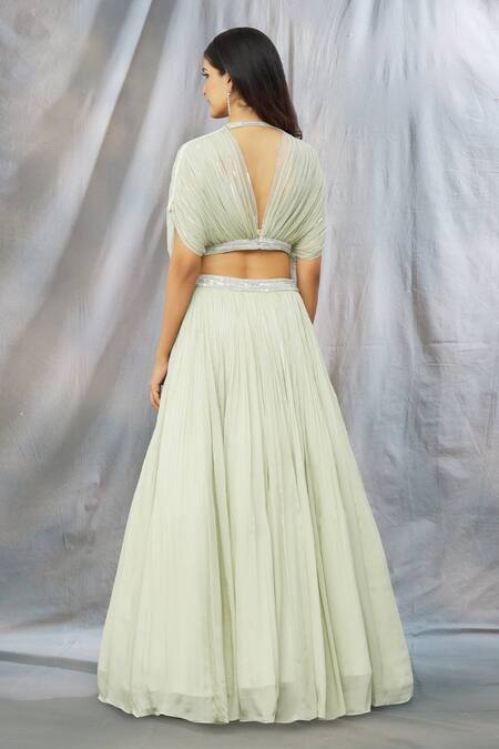 Shop Shlok Design Green Chiffon Embroidered V Neck Draped Blouse Lehenga Set at Aza Fashions Shop_Shlok Design_Green Chiffon Embroidered V Neck Draped Blouse Lehenga Set_at_Aza_Fashions