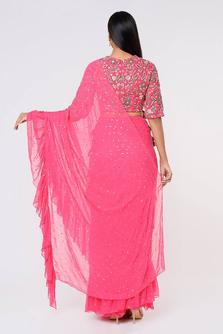 Shop Payal Singhal Pink Georgette Mirrors Round Mukaish Work Pre-stitched Frill Saree With Blouse at Aza Fashions Shop_Payal Singhal_Pink Georgette Mirrors Round Mukaish Work Pre-stitched Frill Saree With Blouse_at_Aza_Fashions