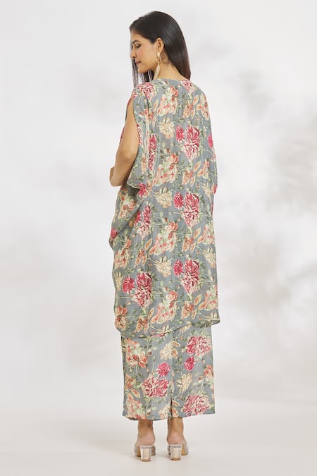 Shop_Paksh_Grey Chiffon Embroidery V-neck Floral Print Knotted Top And Pant Set _at_Aza_Fashions