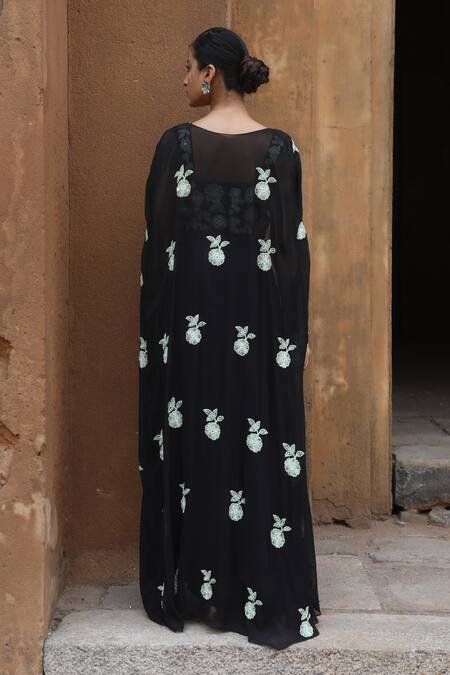 Shop_Nitisha Kashyap Official_Black Crepe, Georgette Sequins, Mirrors Floral Embroidered Cape Skirt Set _at_Aza_Fashions