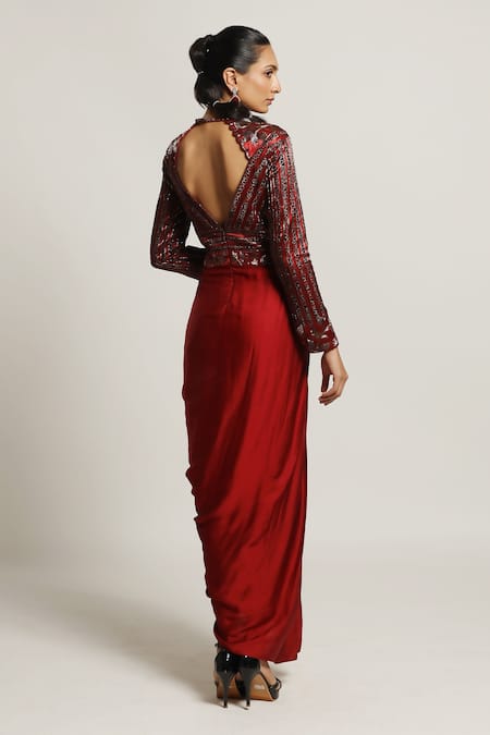 Shop Sejal Kamdar Maroon Gajji Silk And German Satin Embroidery Stripe Pattern Draped Tunic at Aza Fashions Shop_Sejal Kamdar_Maroon Gajji Silk And German Satin Embroidery Stripe Pattern Draped Tunic _at_Aza_Fashions
