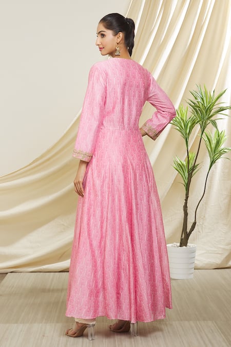 Shop Peenacolada Pink Chanderi Zari, Embroidery Round Neck Screen Floral Print Anarkali at Aza Fashions Shop_Peenacolada_Pink Chanderi Zari, Embroidery Round Neck Screen Floral Print Anarkali _at_Aza_Fashions