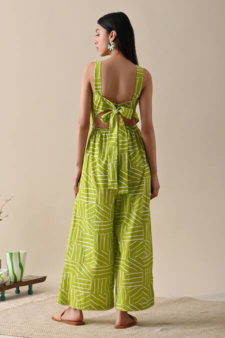 Shop Kanelle Green Cotton Round Neck Juliette Striped Print Jumpsuit at Aza Fashions Shop_Kanelle_Green Cotton Round Neck Juliette Striped Print Jumpsuit_at_Aza_Fashions