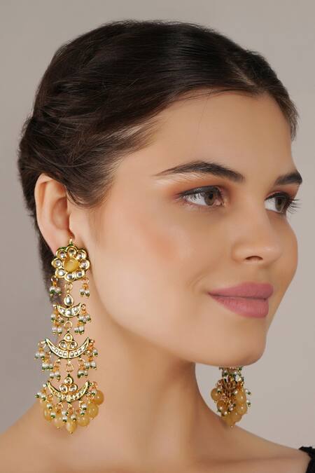 ChhavI'S Jewels_Yellow Stones, Pearls, Diamonds Kundan Embellished Layered Dangler Earrings _Online_at_Aza_Fashions