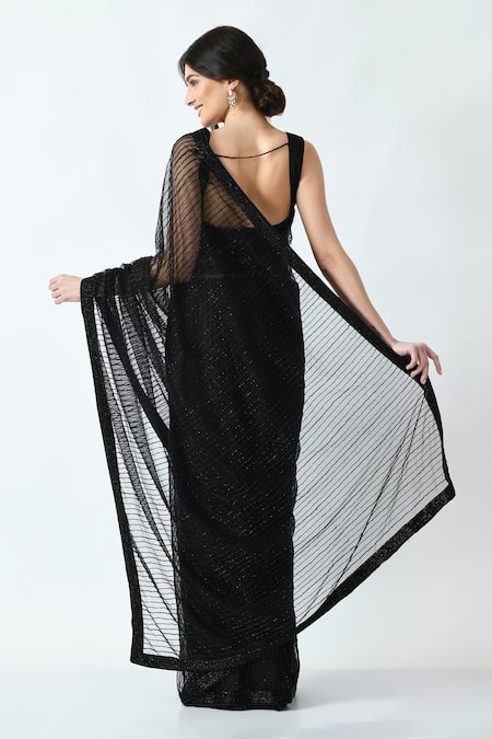Shop Mehar Black Net Cut Work Hand Embroidered Stripe Pattern Saree at Aza Fashions Shop_Mehar_Black Net Cut Work Hand Embroidered Stripe Pattern Saree _at_Aza_Fashions