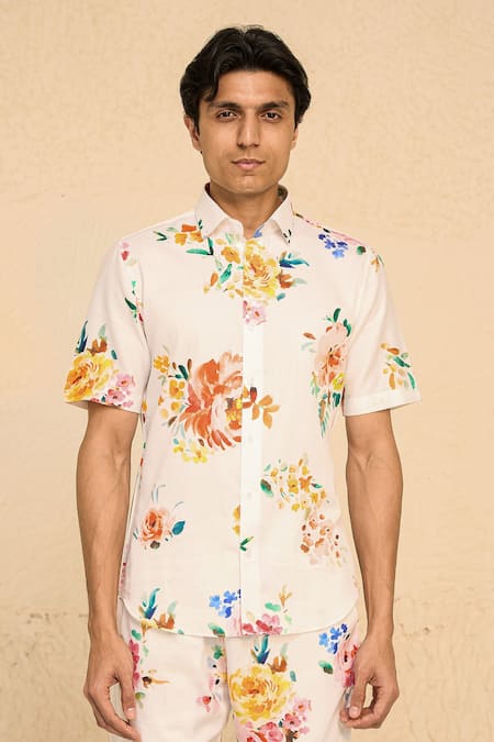 Shop Chrkha White Cotton Satin Print Floral Flower Bouquet Shirt at Aza Fashions Shop_Chrkha_White Cotton Satin Print Floral Flower Bouquet Shirt _at_Aza_Fashions
