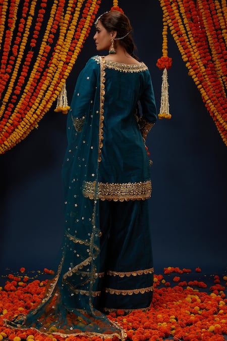 Shop Preeti S Kapoor Green Net, Silk, Denim Gota Patti, Embroidery Boat Neck Kurta Sharara Set at Aza Fashions Shop_Preeti S Kapoor_Green Net, Silk, Denim Gota Patti, Embroidery Boat Neck Kurta Sharara Set _at_Aza_Fashions