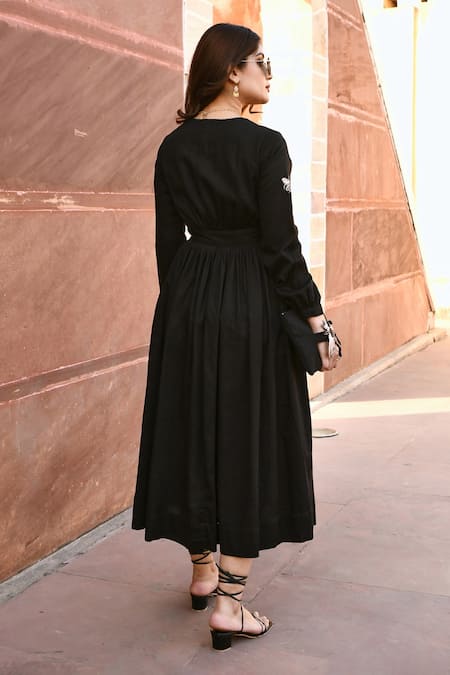 Gulaal_Black Cotton Embroidery V-neck Dress _Online_at_Aza_Fashions
