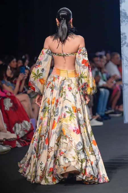 Shop_Mahima Mahajan_Ivory Organza, Satin Mirrors One Shoulder Off Bustier And Lehenga Set _at_Aza_Fashions