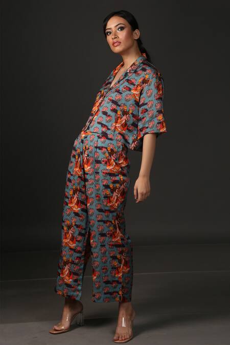 Shop_Ekastories_Grey Cotton Collared Nidarsuta Resort Shirt And Pant Set _at_Aza_Fashions