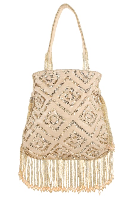Shop A Clutch Story Beige Embellished Silk Rhombus Sparkle Potli at Aza Fashions Shop_A Clutch Story_Beige Embellished Silk Rhombus Sparkle Potli_at_Aza_Fashions