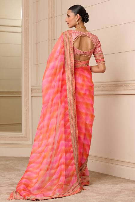 Shop_Tarun Tahiliani_Pink Organza, Brocade Embroidery, Beads Abstract Print Saree _at_Aza_Fashions