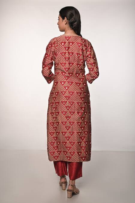 Shop_Soumodeep Dutta_Red Chanderi And Embroidery Triangle French Knot Kurta & Pant Set_at_Aza_Fashions
