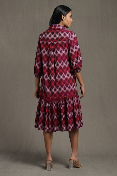 Shop Ritu Kumar Purple Cotton High Neck Pleated And Ruffled Hem Dress at Aza Fashions Shop_Ritu Kumar_Purple Cotton High Neck Pleated And Ruffled Hem Dress_at_Aza_Fashions