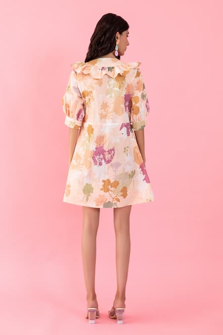 Shop Aroop Shop India Peach Cotton Rylee Organic Printed Dress at Aza Fashions Shop_Aroop Shop India_Peach Cotton Rylee Organic Printed Dress _at_Aza_Fashions