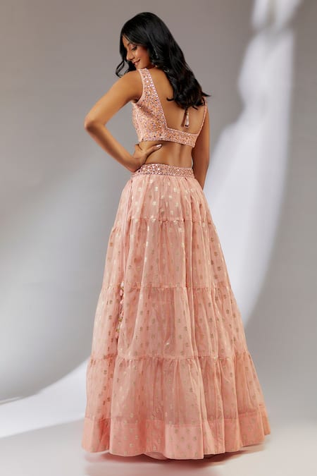 Shop Neha Khullar Peach Organza, Brocade, Embroidered Waistband Banarasi Bridal Lehenga Set at Aza Fashions Shop_Neha Khullar_Peach Organza, Brocade, Embroidered Waistband Banarasi Bridal Lehenga Set _at_Aza_Fashions