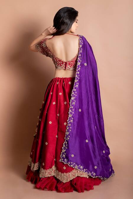 Shop Kesar Studio Red Bamboo Zari, Embroidery V-neck Floral Lehenga Set at Aza Fashions Shop_Kesar Studio_Red Bamboo Zari, Embroidery V-neck Floral Lehenga Set_at_Aza_Fashions