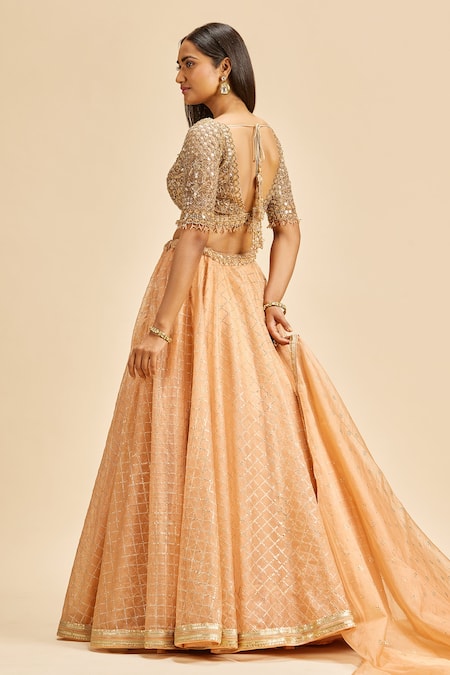 Shop Nitika Gujral Peach Dupatta And Lehenga Organza & Blouse Net Embroidery Zari Mukaish Work Set at Aza Fashions Shop_Nitika Gujral_Peach Dupatta And Lehenga Organza & Blouse Net Embroidery Zari Mukaish Work Set _at_Aza_Fashions