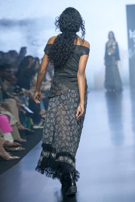 Shop Rina Dhaka Black Silk Embroidery Off-shoulder Printed Bubble Off Dress at Aza Fashions Shop_Rina Dhaka_Black Silk Embroidery Off-shoulder Printed Bubble Off Dress_at_Aza_Fashions