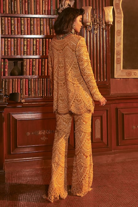 Shop Ridhima Bhasin Yellow Organza Embroidered Sequin Round Wahida Tunic And Palazzo Set at Aza Fashions Shop_Ridhima Bhasin_Yellow Organza Embroidered Sequin Round Wahida Tunic And Palazzo Set _at_Aza_Fashions