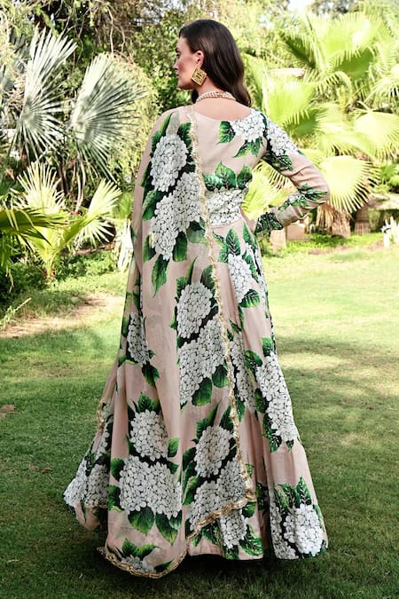 Shop_Sanam_Beige Organza, Silk Embroidery Valierie Full Bloom Pattern Anarkali With Dupatta _at_Aza_Fashions