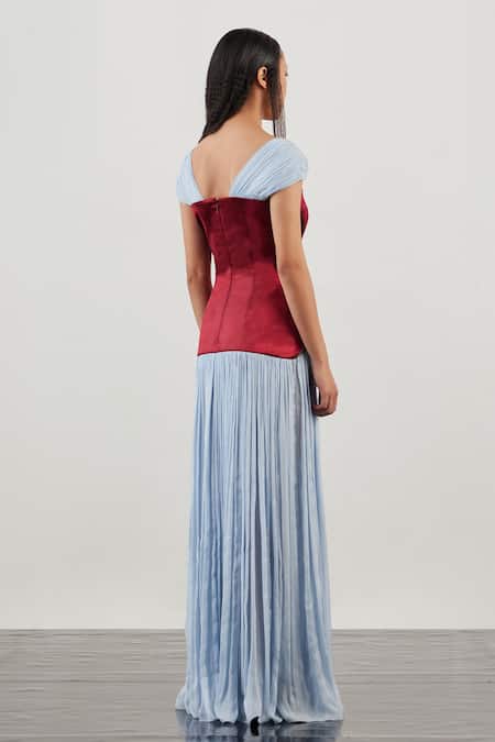 Shop Akhl Blue Textured Satin (90% Polyester 10% Elastane)+ Chiffon Structured Ruched Gown at Aza Fashions Shop_Akhl_Blue Textured Satin (90% Polyester 10% Elastane)+ Chiffon Structured Ruched Gown _at_Aza_Fashions