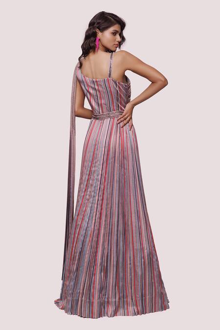 Shop Onaya Multi Color Satin Embroidery Pearl Asymmetric Gown at Aza Fashions Shop_Onaya_Multi Color Satin Embroidery Pearl Asymmetric Gown_at_Aza_Fashions