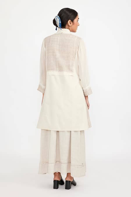 Shop_JAYATI GOENKA_White Cotton Embroidery Round Neck Wrap Checkered Print Tunic With Skirt _at_Aza_Fashions