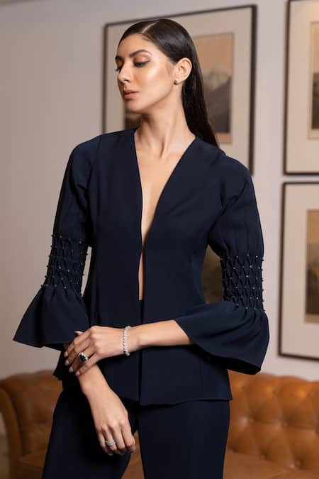 Label Ruhbab Honeycomb Pleated Sleeve Blazer & Pant Set 