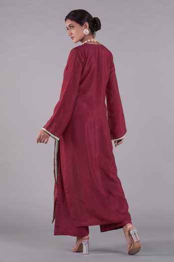 Maroon Russian Silk Zari Thread Work Straight Kurta Pant Set main image 1