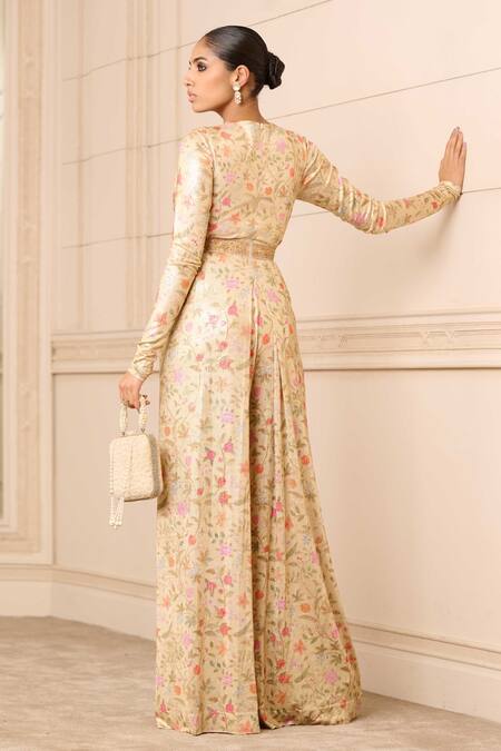 Shop Tarun Tahiliani Gold Embroidery V-neck Garden Print Jumpsuit at Aza Fashions Shop_Tarun Tahiliani_Gold Embroidery V-neck Garden Print Jumpsuit_at_Aza_Fashions
