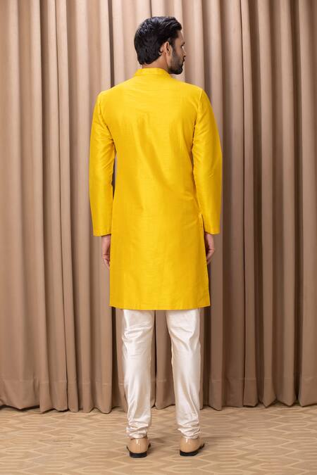 Shop_Ankit V Kapoor_Yellow Cotton And Silk Embroidered Ghazi Kurta Set _at_Aza_Fashions