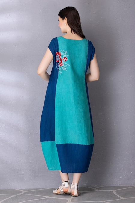 Shop Tanu Malhotra Blue Cotton, Linen Embroidery Round Neck Flared Colour Block Dress at Aza Fashions Shop_Tanu Malhotra_Blue Cotton, Linen Embroidery Round Neck Flared Colour Block Dress _at_Aza_Fashions