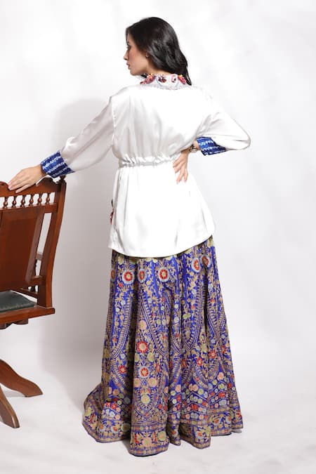 Shop_Sonali Gupta_Blue 25% Silk Hand Embroidered Resham Jacket Lapel Lehenga Set  _at_Aza_Fashions