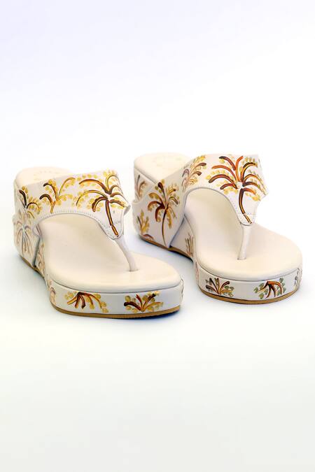 Shiveen Shiveen_Cream Hand Painted Abstract Palm Tree Wedges_at_Aza_Fashions
