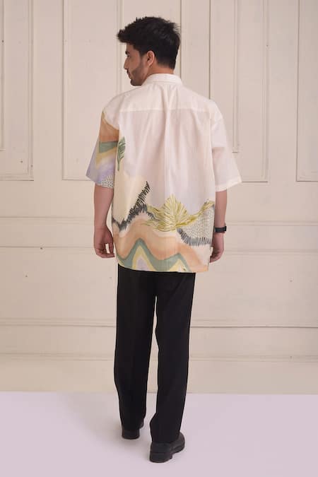 Shop_Shwetanga_Ivory Cotton Patchwork Printed Oversized Shirt _at_Aza_Fashions