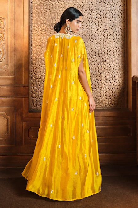 Shop Aneesh Agarwaal Yellow Silk Organza, Linen Cut Work, Sequins, Scallop Border Cape Sharara Set at Aza Fashions Shop_Aneesh Agarwaal_Yellow Silk Organza, Linen Cut Work, Sequins, Scallop Border Cape Sharara Set _at_Aza_Fashions