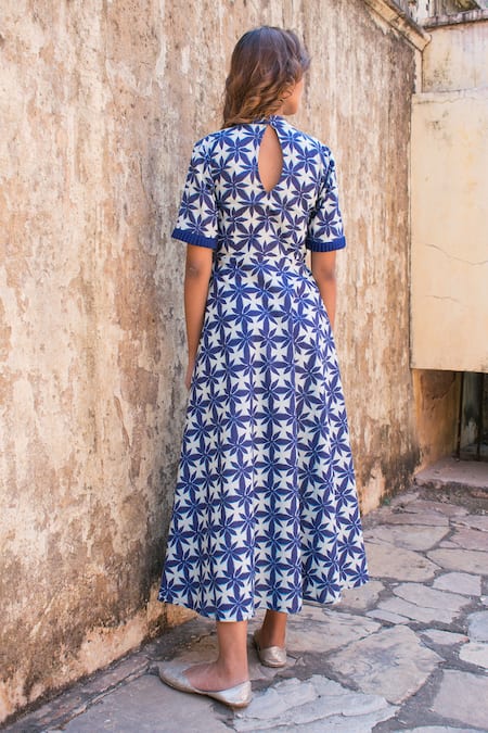 Shop The Home Affair Blue Cotton Embroidery High Neck Floral Block Print Dress at Aza Fashions Shop_The Home Affair_Blue Cotton Embroidery High Neck Floral Block Print Dress _at_Aza_Fashions
