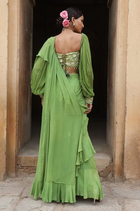 Nitisha Kashyap Official Pre-Draped Ruffle Saree Embroidered Bustier Set 