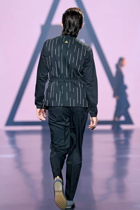 Shop_Tisa - Men_Black Terry Rayon Embroidery Vertical Line Bundi Set_at_Aza_Fashions