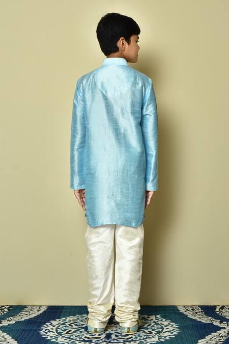 Shop Petite Pomme Blue Silk Straight Mandarin Collar Kurta at Aza Fashions Shop_Petite Pomme_Blue Silk Straight Mandarin Collar Kurta _at_Aza_Fashions
