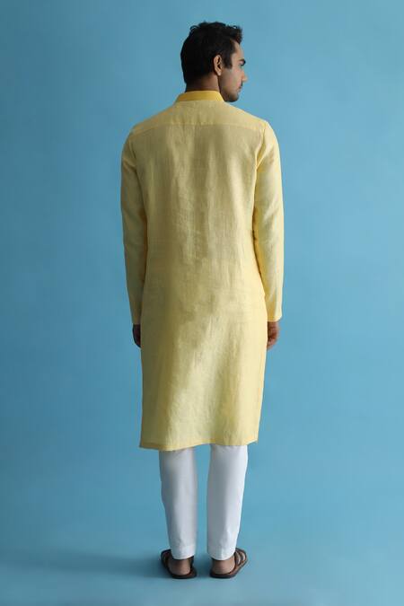 Shop_Kaha_Yellow Linen Pintuck Aurettay Detail Kurta With Pant_at_Aza_Fashions