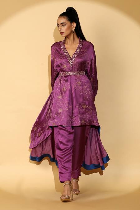 Shop Madder Much Purple 65% Cupro 35% Modal Floral V Neck Printed Kurta And Pant Set at Aza Fashions Shop_Madder Much_Purple 65% Cupro 35% Modal Floral V Neck Printed Kurta And Pant Set_at_Aza_Fashions