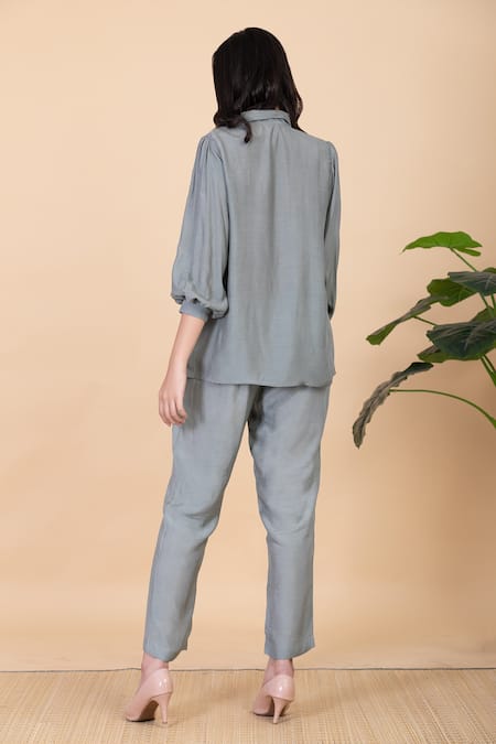 Shop Chambray & CO. Green Silk Applique Collared Leilah Work Shirt And Pant Set at Aza Fashions Shop_Chambray & CO._Green Silk Applique Collared Leilah Work Shirt And Pant Set _at_Aza_Fashions