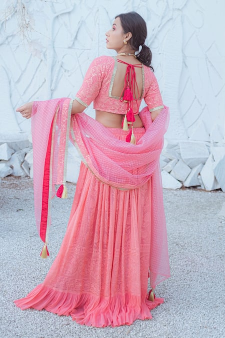Monk & Mei By Sonia Anand Peach Georgette Beads, Tassels V-neck Chikankari Embroidered Lehenga Set Online at Aza Fashions Monk & Mei By Sonia Anand_Peach Georgette Beads, Tassels V-neck Chikankari Embroidered Lehenga Set _Online_at_Aza_Fashions