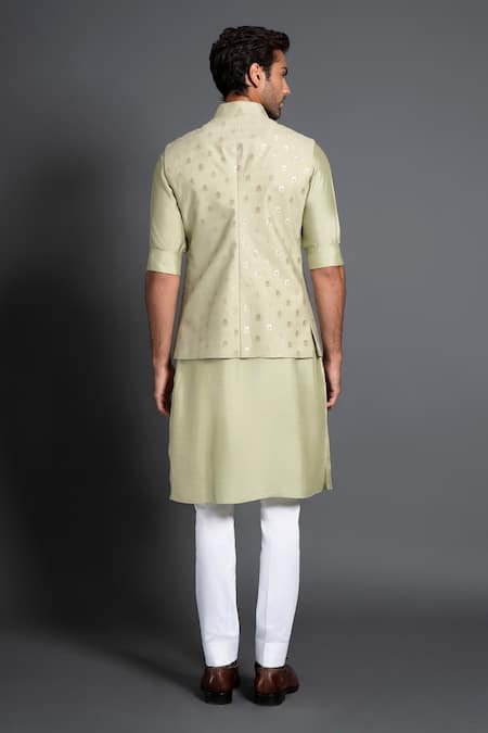 Shop Raghavendra Rathore Jodhpur Green Chanderi Silk Embroidery Kantha Work And Woven Waistcoat at Aza Fashions Shop_Raghavendra Rathore Jodhpur_Green Chanderi Silk Embroidery Kantha Work And Woven Waistcoat _at_Aza_Fashions